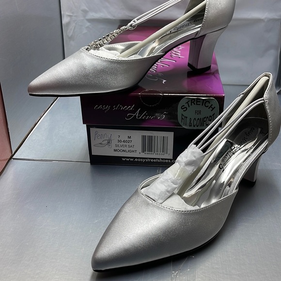 EASY STREET ALIVE AT 5 Womens Silver Rhinestone Stretch Moonlight Block Heel Slip On Heels Shoes W